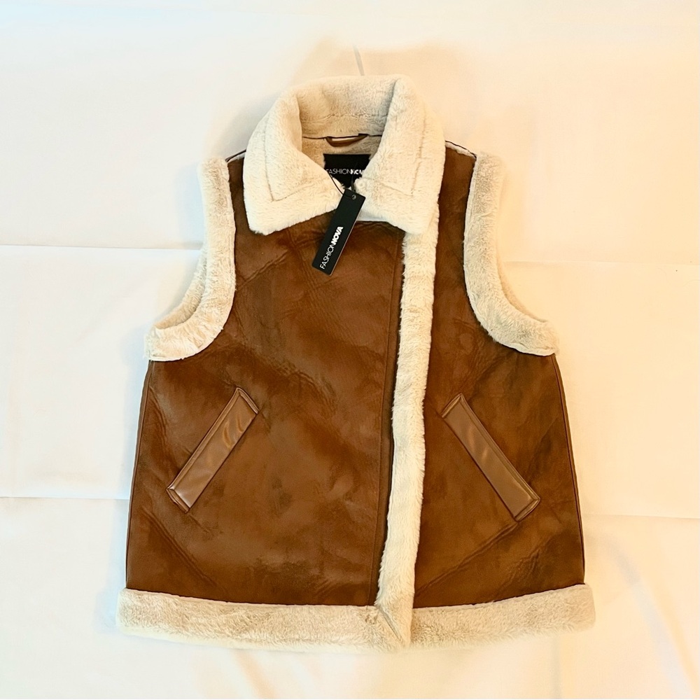 Faux Suede Shearling Style Vest  Brown Size M NWT